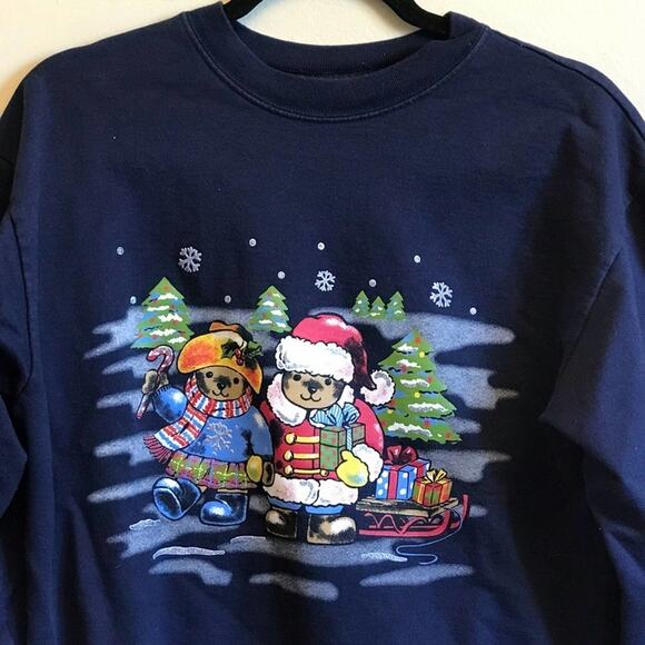 Basic Editions M sweater navy blue Christmas teddy bear Vintage 90s - Picture 2 of 7
